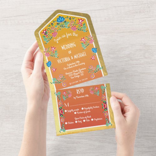 Mexican Fiesta Faux Gold Foil Floral Wedding All In One Invitation