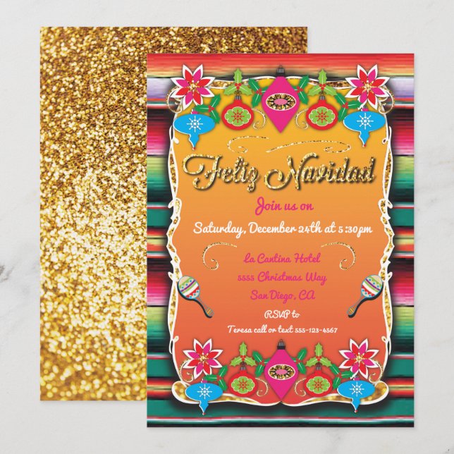 Mexican Fiesta Feliz Navidad Party Gold Glitter Invitation (Front/Back)