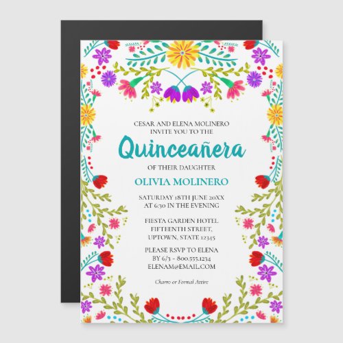 Mexican Fiesta Floral 15th Birthday Quinceanera Magnetic Invitation