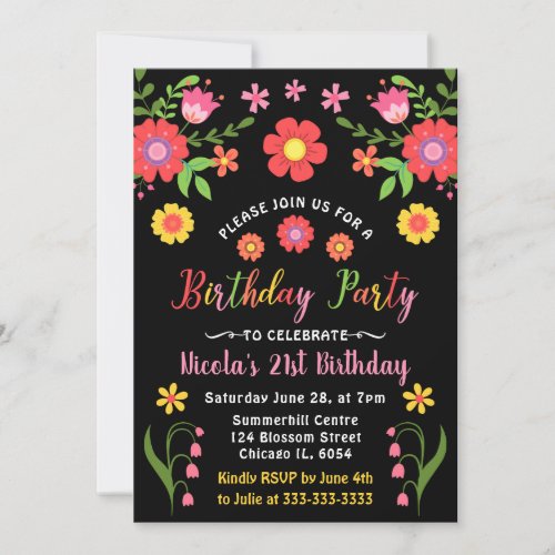 Mexican Fiesta Floral and Black Birthday Party  Invitation