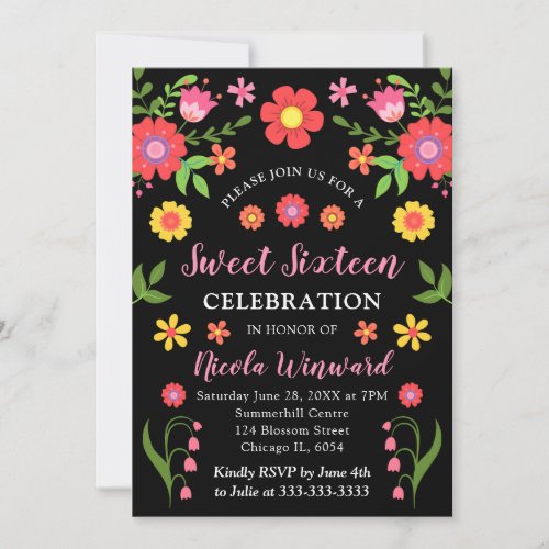 Mexican Fiesta Floral and Black Sweet Sixteen Invitation