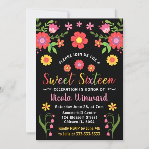 Mexican Fiesta Floral and Black Sweet Sixteen Invitation