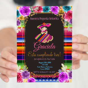 Mexican Fiesta Floral Birthday Mis Tres Años Invitation