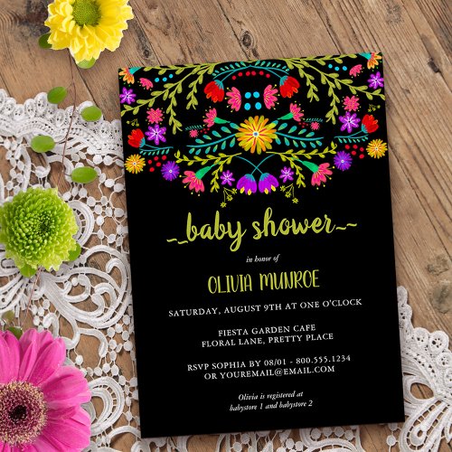 Mexican Fiesta Floral Black Colorful Baby Shower Invitation