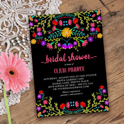 Mexican Fiesta Floral Black Colorful Bridal Shower Invitation