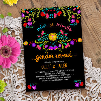Mexican Fiesta Floral Black Colorful Gender Reveal Invitation by darlingandmay at Zazzle