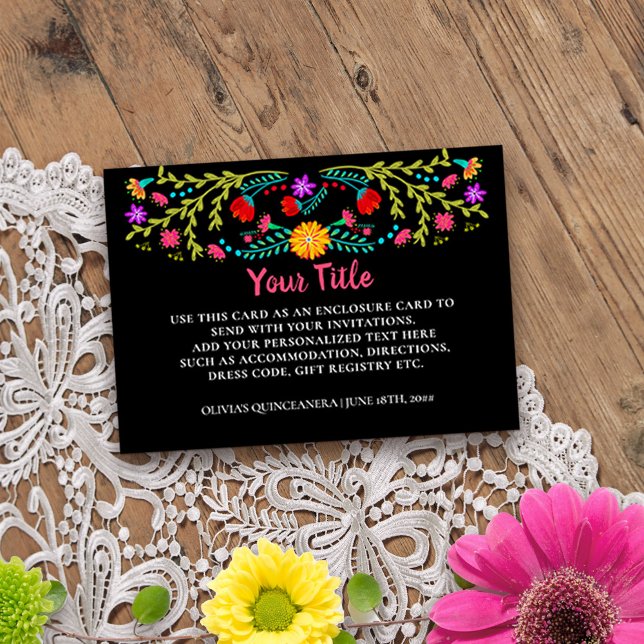 Mexican Fiesta Floral Black Custom Enclosure Card (Custom reception card for quinceanera or other special event from Mexican Fiesta Floral collection)