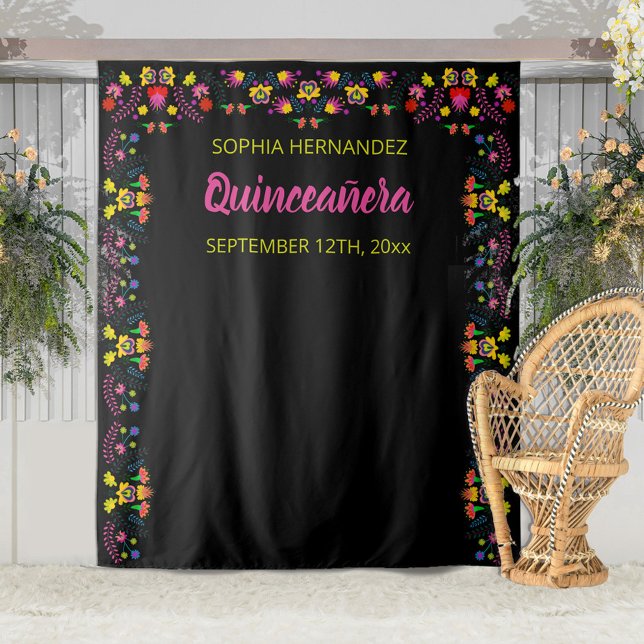 Mexican Fiesta Floral Black Party Photo Backdrop (Creator Uploaded)