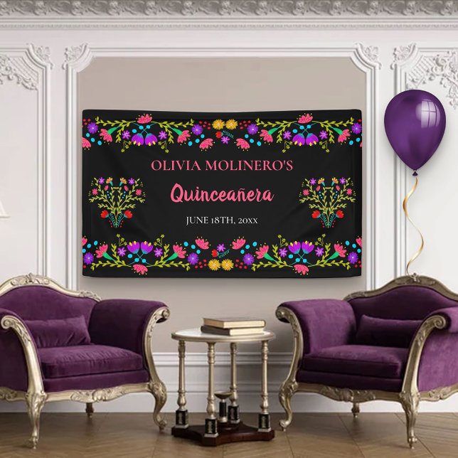 Mexican Fiesta Floral Black Quinceanera Birthday Banner (Creator Uploaded)
