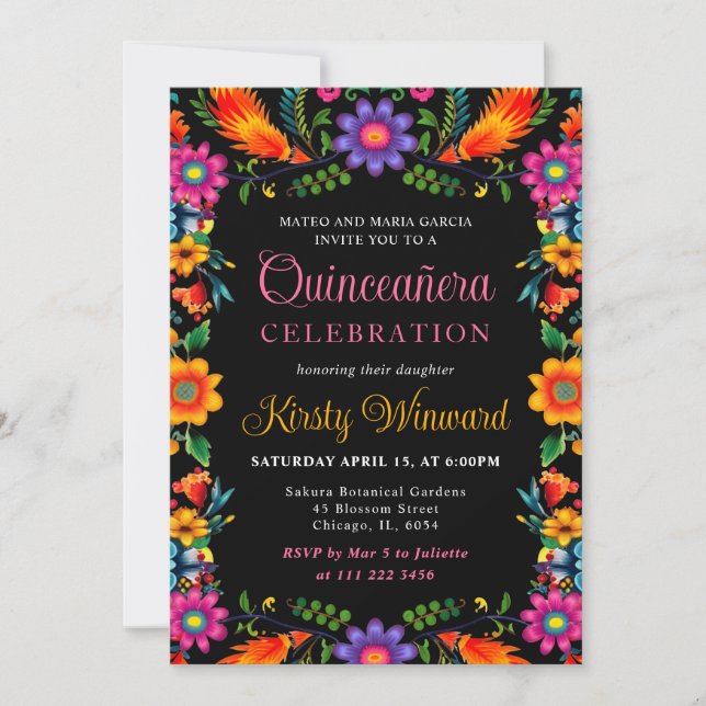 Mexican Fiesta Floral Black Quinceanera Invitation (Front)
