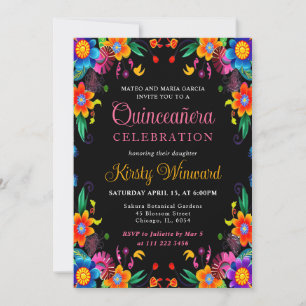 Mexican Fiesta Floral Black Quinceanera Invitation