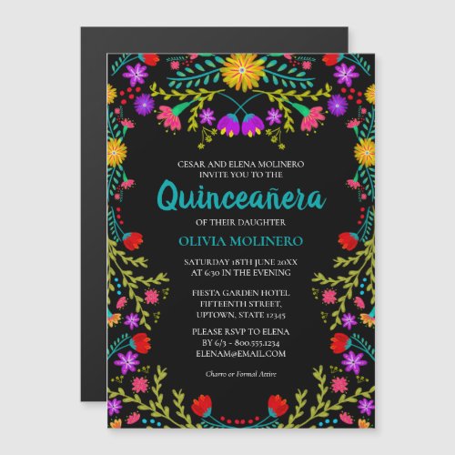 Mexican Fiesta Floral Black Quinceanera Party Magnetic Invitation