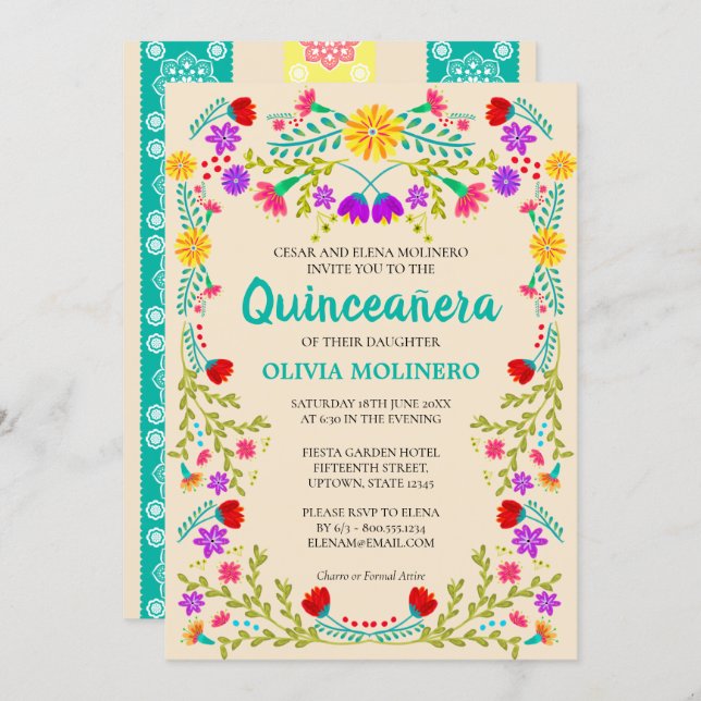Mexican Fiesta Floral Champagne Quinceanera Invitation (Front/Back)