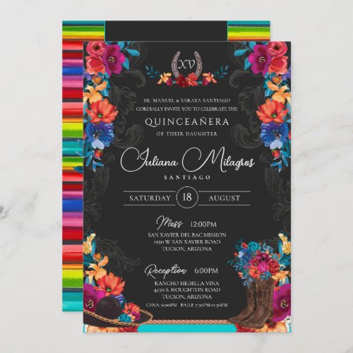 Mexican Fiesta Floral Charro Photo Quinceanera Invitation