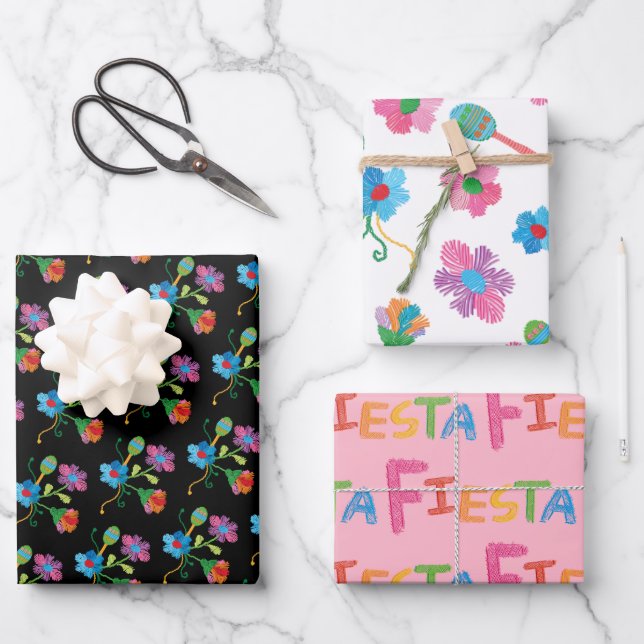 Mexican Fiesta Floral Embroidery Party Maracas Wrapping Paper Sheets (Front)