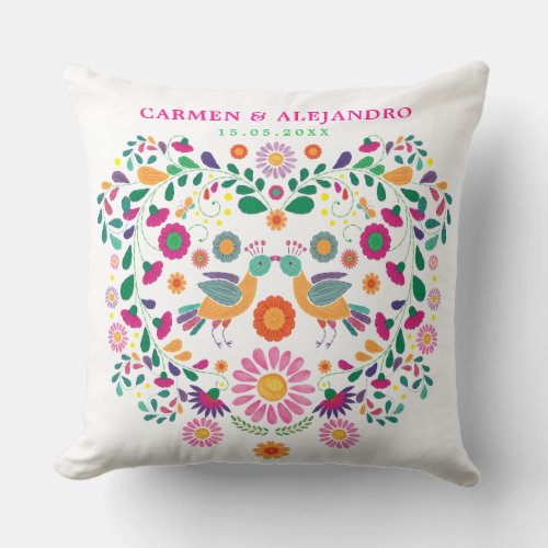 Mexican Fiesta Floral Love Birds Wedding Gift Throw Pillow