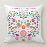 Mexican Fiesta Floral Love Birds Wedding Gift Throw Pillow<br><div class="desc">This beautiful cushion features whimsical & intricate Mexican floral pattern in hot pink, purple, orange, green, yellow and turquoise. Personalize the cushion with the names of the bride and groom and also the wedding date. The background color of the cushion is set to white, but feel free to choose a...</div>