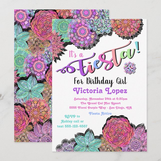 Mexican Fiesta Floral Mandala Birthday Party Invitation (Front/Back)