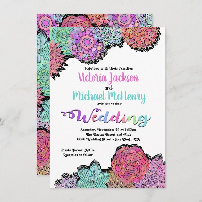 Mexican Fiesta Floral Mandala Wedding Invitations (Front/Back)