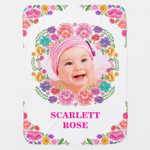 Mexican Fiesta Floral  Monogram Photo Nursery Baby Blanket