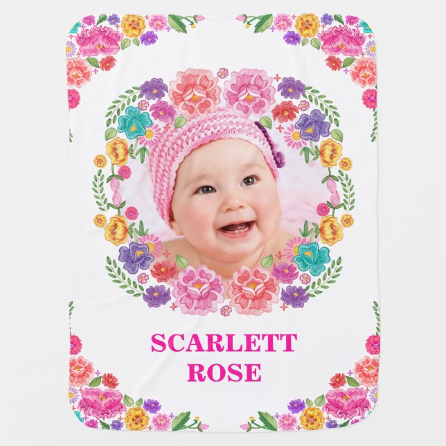 Mexican Fiesta Floral  Monogram Photo Nursery Baby Blanket (Front)
