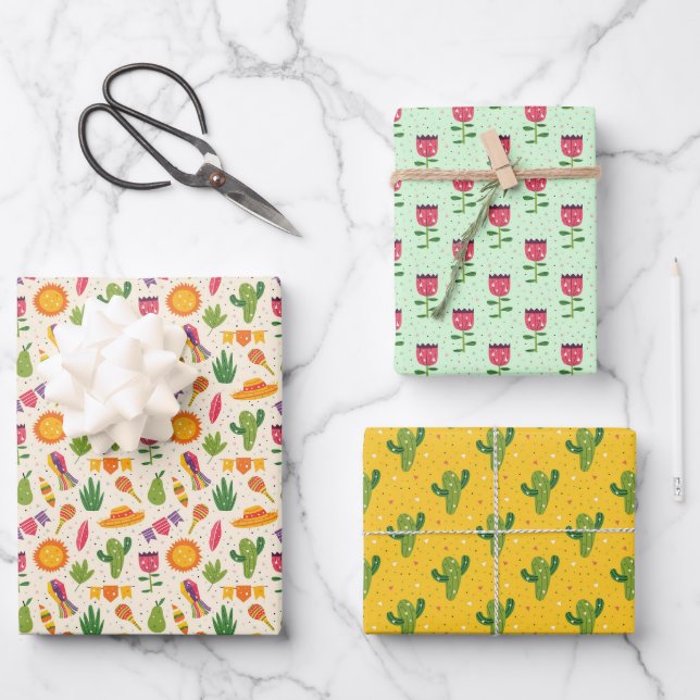 Mexican Fiesta Floral Party Maracas Cactus Wrapping Paper Sheets (Front)