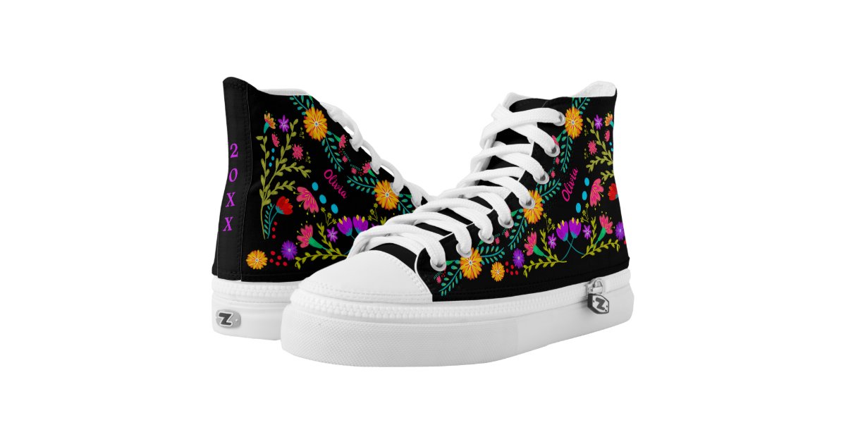 Mexican Fiesta Floral Pattern Quinceanera Black High-Top Sneakers | Zazzle