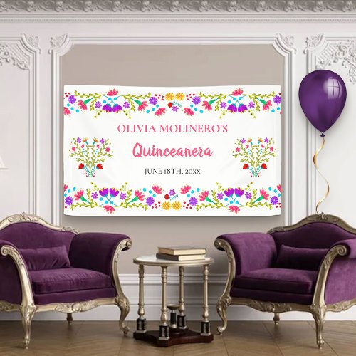 Mexican Fiesta Floral Quinceanera Birthday Party Banner