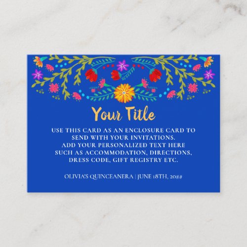 Mexican Fiesta Floral Royal Blue Reception Enclosure Card