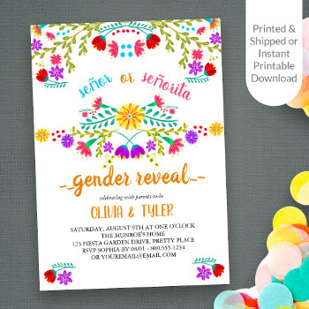 Mexican Fiesta Floral White Colorful Gender Reveal Invitation by darlingandmay at Zazzle