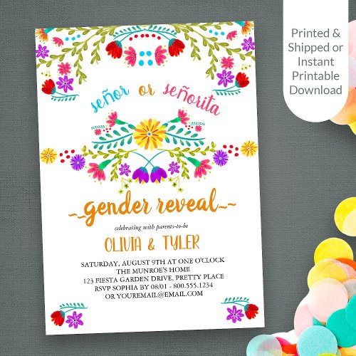 Mexican Fiesta Floral White Colorful Gender Reveal Invitation