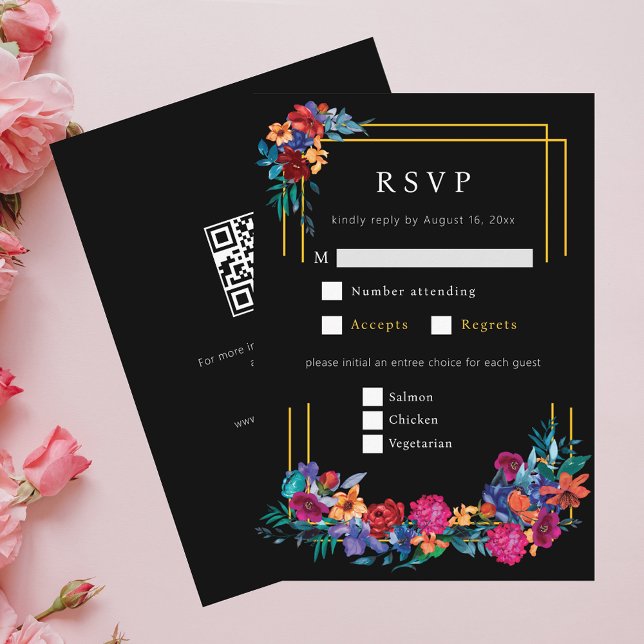 Mexican Fiesta Flower Wedding Black RSVP Enclosure Card (Creator Uploaded)