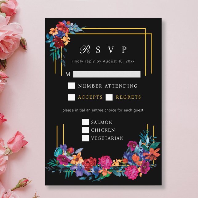 Mexican Fiesta Flower Wedding Black RSVP Enclosure Card (Creator Uploaded)