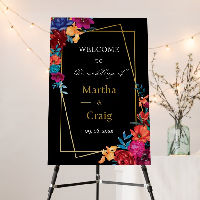 Mexican Fiesta Flower Wedding Black Welcome Sign (In Situ (Stand))