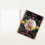 Mexican Fiesta Flowers Black Custom Photo Planner<br><div class="desc">Add your photo to this pretty floral planner. The Mexican fiesta folk art flowers frame your picture and you can edit the year.</div>