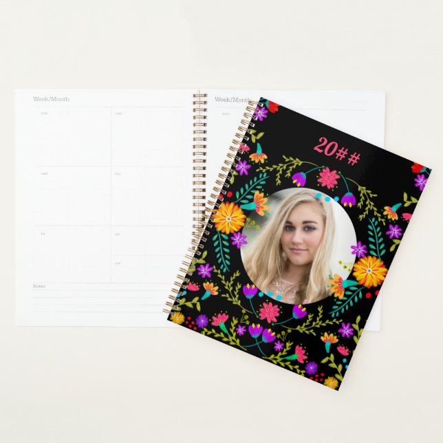 Mexican Fiesta Flowers Black Custom Photo Planner (Display)
