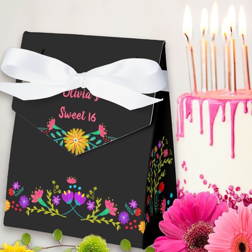 Mexican Fiesta Flowers Black Personalized Favor Boxes
