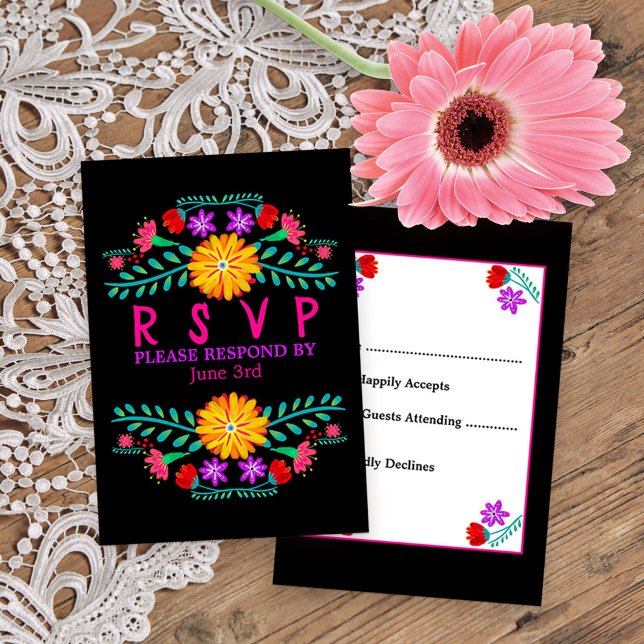 Mexican Fiesta Flowers Black Quinceanera RSVP Card (Colorful RSVP from my Mexican Fiesta Floral collection
)