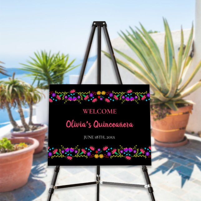 Mexican Fiesta Flowers Quinceanera Easel Sign (Creator Uploaded)