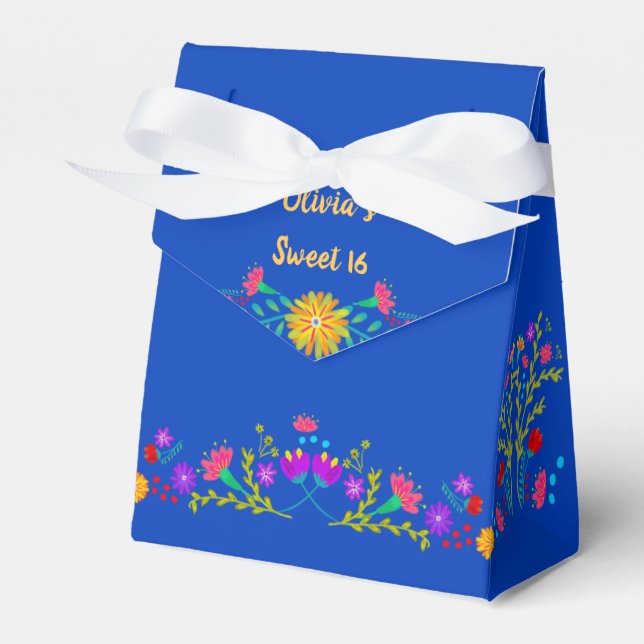 Mexican Fiesta Flowers Royal Blue Personalized Favor Boxes (Front Side)