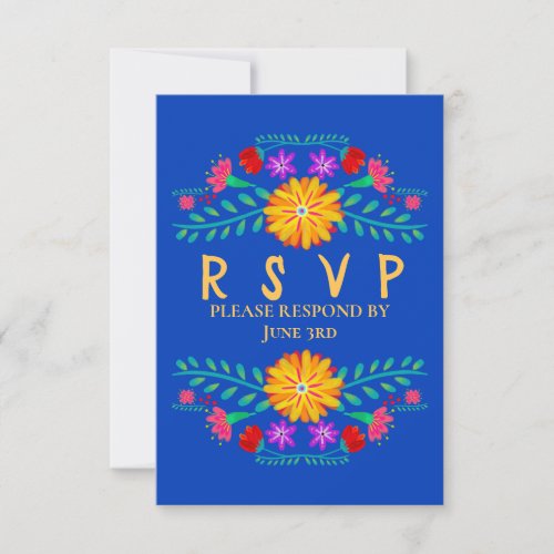 Mexican Fiesta Flowers Royal Blue Quinceanera RSVP Card