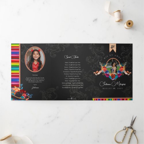 Mexican Fiesta Folk art Floral Charro Quinceaera Tri_Fold Invitation