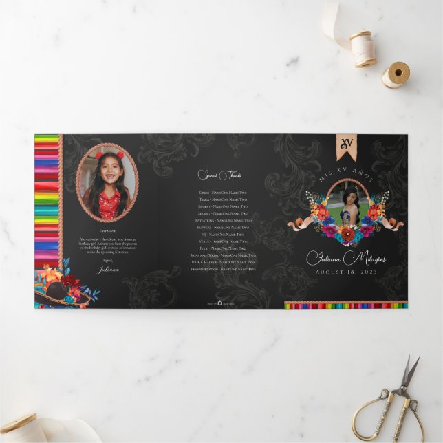 Mexican Fiesta Folk art Floral Charro Quinceañera Tri-Fold Invitation (Outside)