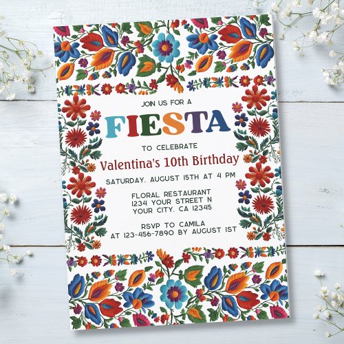 Mexican Fiesta Folk Art Floral Embroidery Birthday Invitation