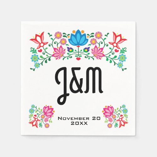 Mexican Fiesta Folk Art Floral initials Wedding Napkins