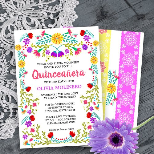 Mexican Fiesta Folk Art Floral Quinceanera Invitation