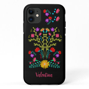 Mexican Fiesta Folk Art Flowers Black Personalized iPhone 11 Case