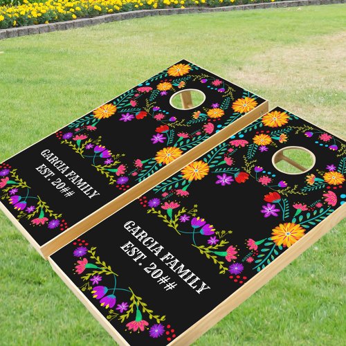 Mexican Fiesta Folk Flowers Black Personalized Cornhole Set