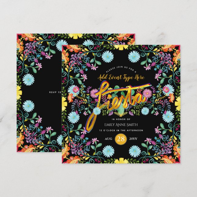 Mexican Fiesta Folk Flowers Llama Gold ANY EVENT Invitation (Front/Back)