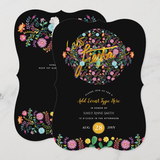 Mexican Fiesta Folk Flowers Llama Gold ANY EVENT Invitation (Front/Back)